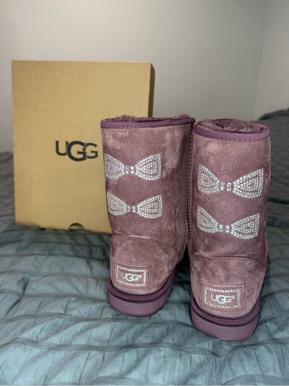 UGG Women's Purple Suede Short Boots with Swarovski Crystal Bow Bling Accents